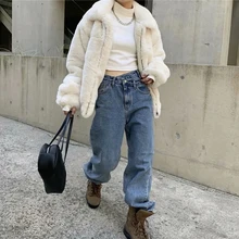 

Women's Korean Style Denim Pants Streetwear Blue Washed Wide Leg Jeans Fashion Asymmetrical Waist Design Loose Straight Trousers