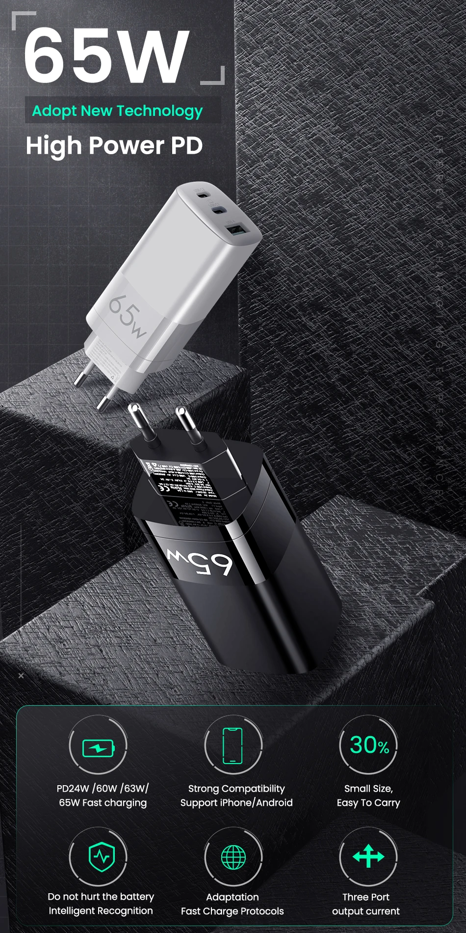 65W GaN Charger Quick Charge 4.0 3.0 Type C PD USB Charger with QC 4.0 3.0 Portable Fast Charger For Macbook Pro iPhone Huawei