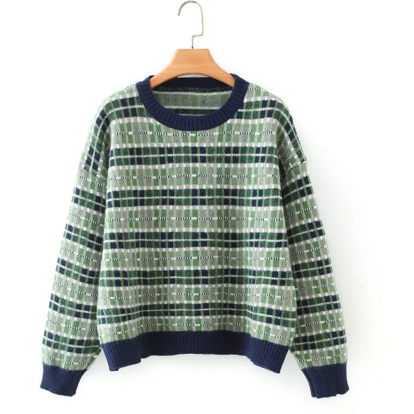 

Winter Green Stripe Check Pullover Sweater Women O-Neck Drop Shoulder Jumper Female Chic Knitted Top Cozy Textured Knitwear
