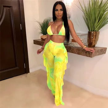 

Bright Yellow Two 2 Piece Set Women Sexy Halter Bandage Bra Crop Top Ruffles Long Pants 2019 Summer Beach 2 Pcs Matching Sets