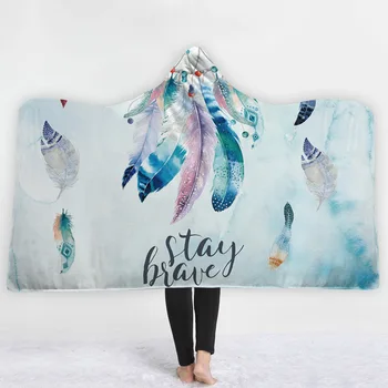 

Bohemian Feather Decor Printed Plush Hooded Blanket For Adults Kid Warm Home Sofa Wearable Double layer Fleece Throw Blankets