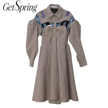 

GetSpring Women Dress Plaid Puff Sleeves Single Breasted Long Dress Long Sleeve Backless Fake Two Sexy Dress Autumn Winter 2019