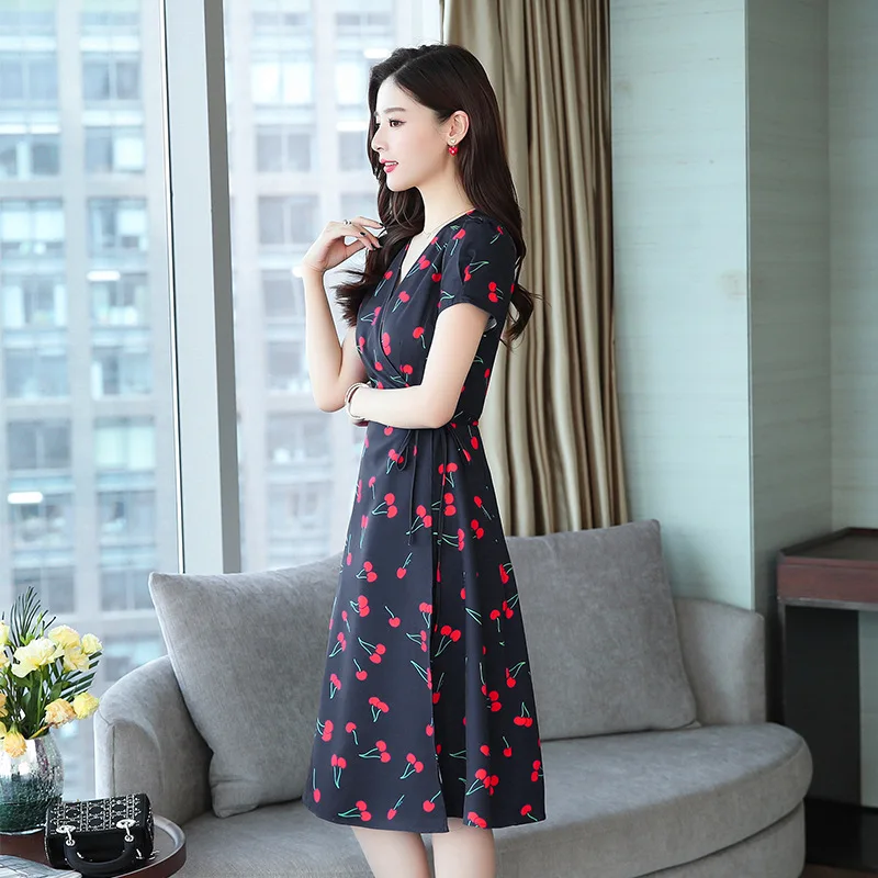 

Cherry Printed Chiffon Dress 2019 Summer Wear Mid-length V-neck Slim Fit Slimming Seaside Vacation Style Beach Skirt