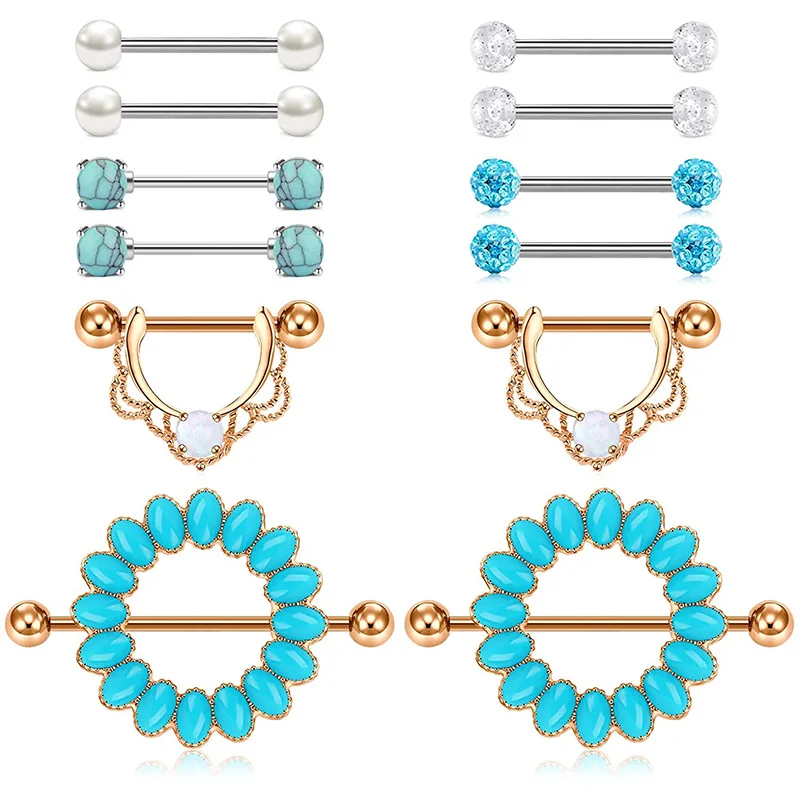 14G Nipplerings Nipple Ring Piercing Women Surgical Steel Opal Pearl