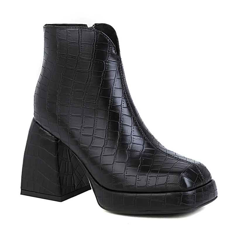 autumn winter high heels black thick platform ankle boots woman new punk print microfiber zipper leather shoes woman ankle boots