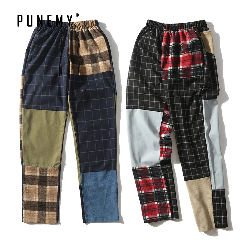 

Men Casual Pants Patchwork Plaid Vintage Harajuku Japanese Streetwear Hip Hop Loose Fit Drawstring Swag Man's Straight Pants