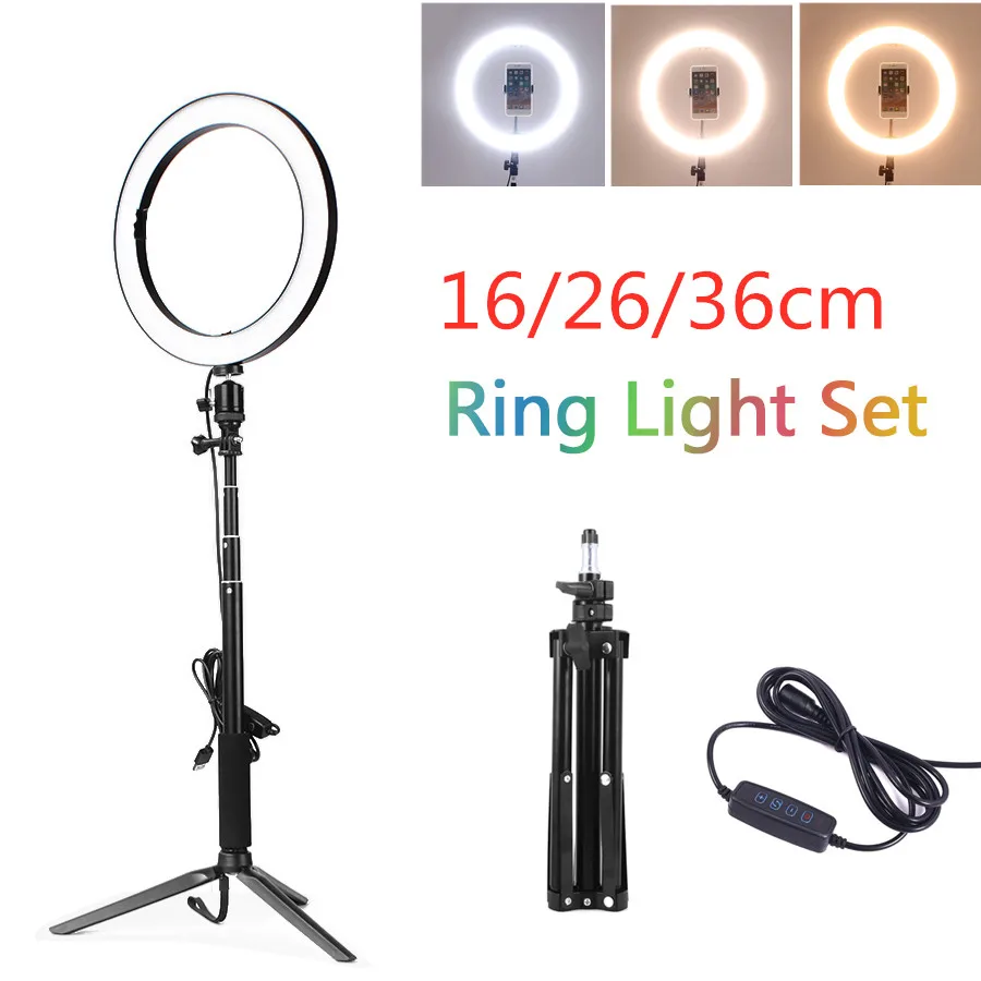 Photography LED Selfie Ring Light 26CM Dimmable Camera Phone Lamp 10inch With Table Tripods For Makeup Video Live Studio | Электроника