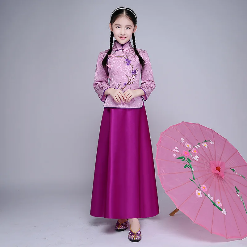 Изысканная вышивка для девочек; Cheongsam; Винтажный Длинный Воротник-стойка; Qipao; vestidos; элегантный длинный костюм в стиле Тан; костюм