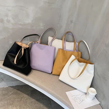 

Women Solid Color Totes Travel Simple Shoulder Bag Fashion PU Leather Handbag Popular Simple Female Daily Bag