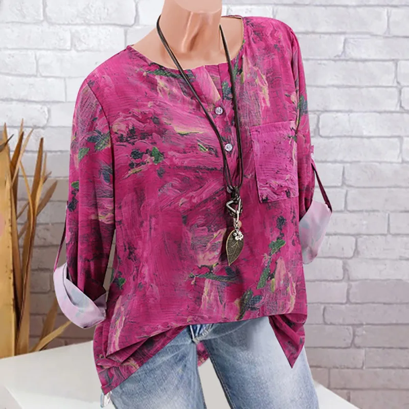 

Chic Women Plus Size S-5XL T-Shirt Vintage Style Print Long Sleeve Tops Fashion Pocket Casual O-Neck Tees