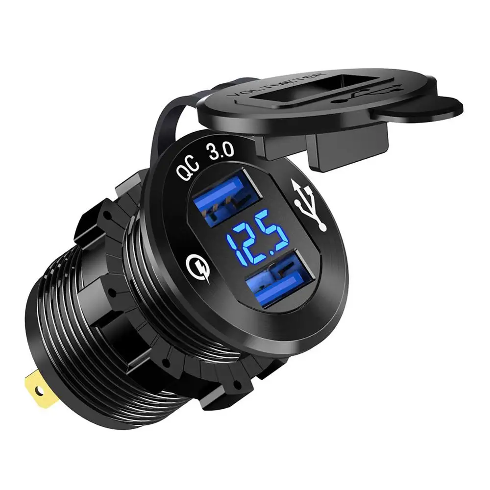 12V/24V Quick Charge 3.0 Dual USB Charger Socket Waterproof Aluminum Power Outlet Fast Charge with LED Voltmeter for Car Boat