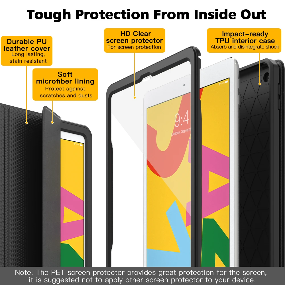 Capa para Ipad Protetor de Tela Capa à Prova de Choque de Corpo Capa de Suporte de Concha Novo Case Ipad 7th Gen Embutido] Inteiro Inteligente Trifold 10.2 - - Imagem 3