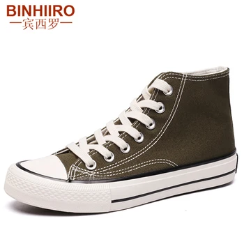 

BINHIIRO High Quality Canvas Shoes Breathable Fashion Lovers Vulcanized Shoes Classic Retro ArmyGreen Mens High-top Canvas Shoes