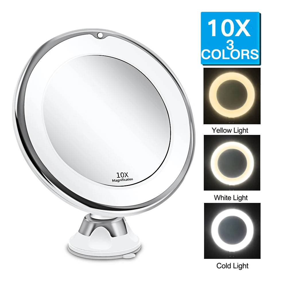 

3 Colors Lighted 10X Magnifying LED Makeup Mirror Flexible Vanity Mirror with Light LED Mirror With Light VIP Dropshipping