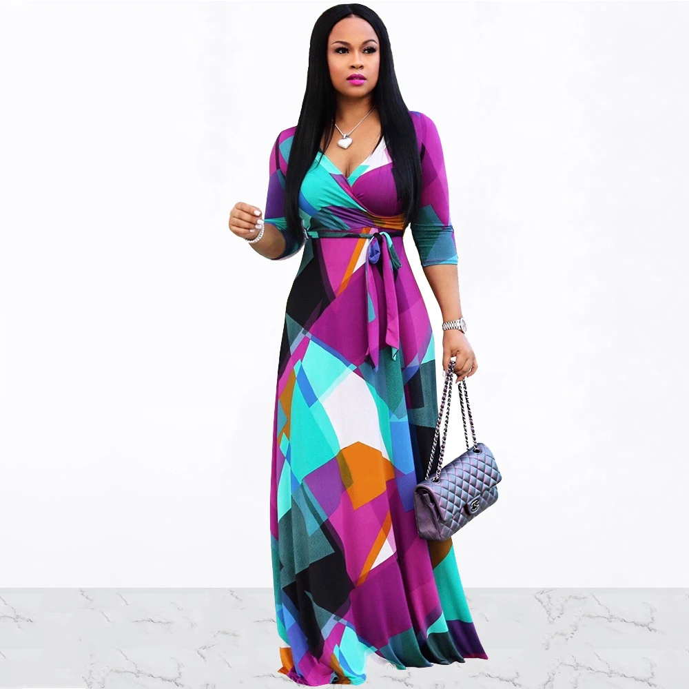 

Women Sexy Deep V-Neck Lace UP Party Dress Summer Bohemian Three Quarter Sleeve Geometric Print Floor Length Plus Size Dresses