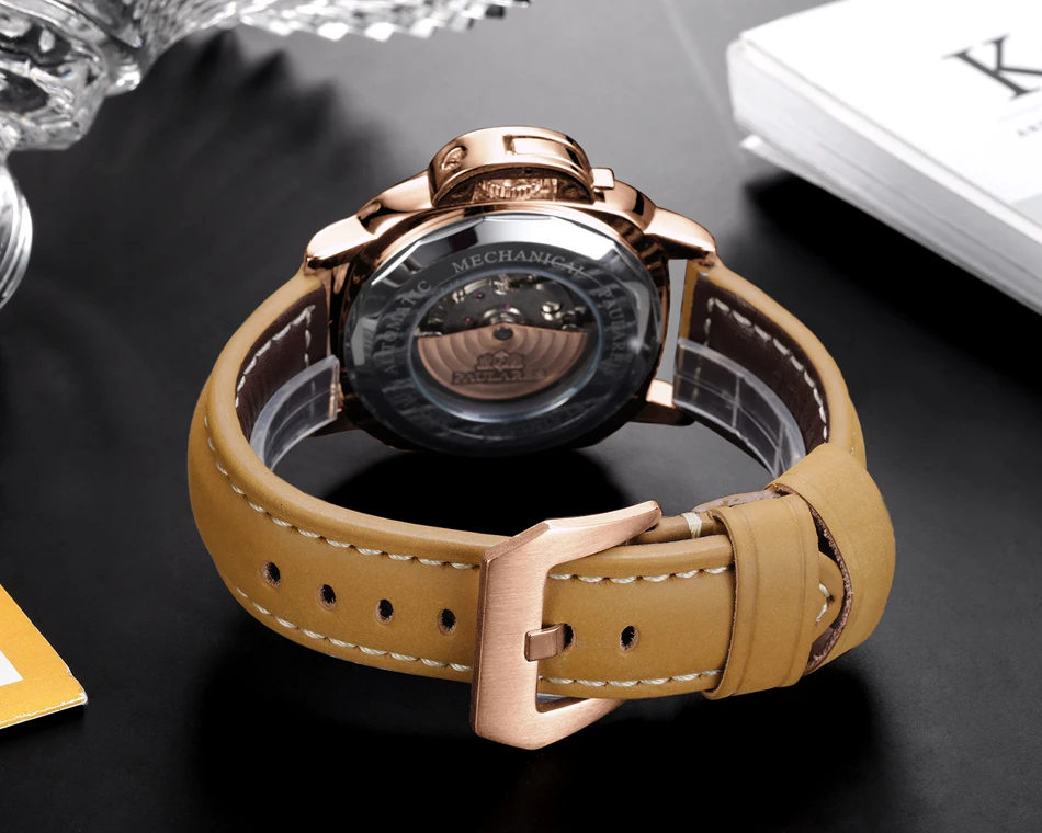 Men Automatic Self Wind Mechanical Genuine Brown Leather Strap Yellow Green Military Luminous 44mm Luxury Rose Gold Watch