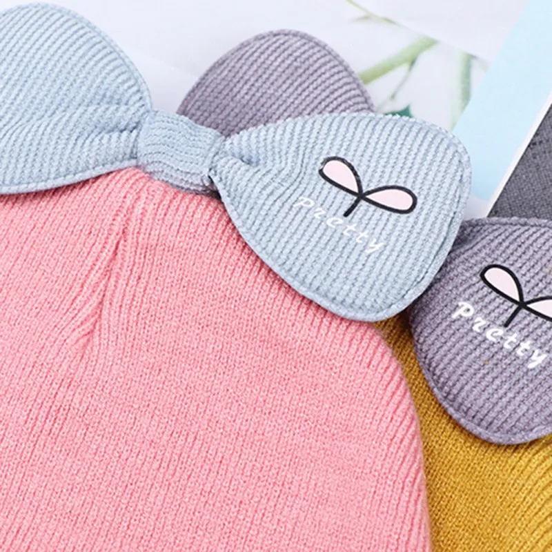 Baby Caps Winter Cute Cartoon Bowknot Design Hats Knitted Wool Hemming Newborn Kids Girls Boys Winter Warm Hat