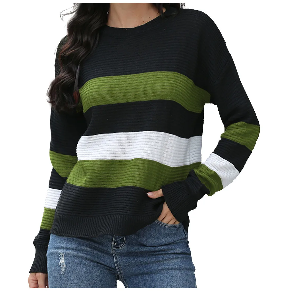 

Fashion Women Striped Sweater Autumn Winter O Neck Long Sleeve Sweater Loose Knit Pullover Patchwork pull femme jersey mujer