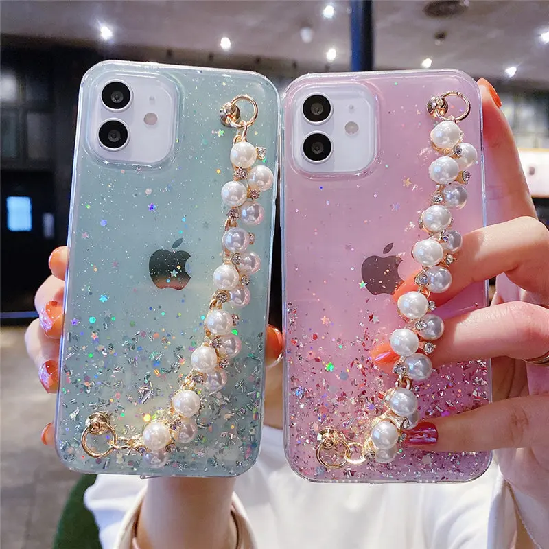Glitzer Handgelenk Chian Strap Handyhülle für iPhone 13 11 14 Pro MAX 7 8Plus X XR XS Max 12 Pro Max Blingbling Pearl Armband Cover_voghion.com