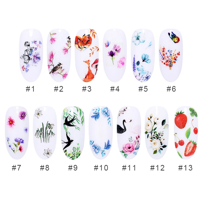 3D наклейки для ногтей, аксессуары для ногтей Mix с изображениями цветов и животных фрукты Птица самоклеющиеся виниловые-клейкий трансферный переводные наклейки для маникюра