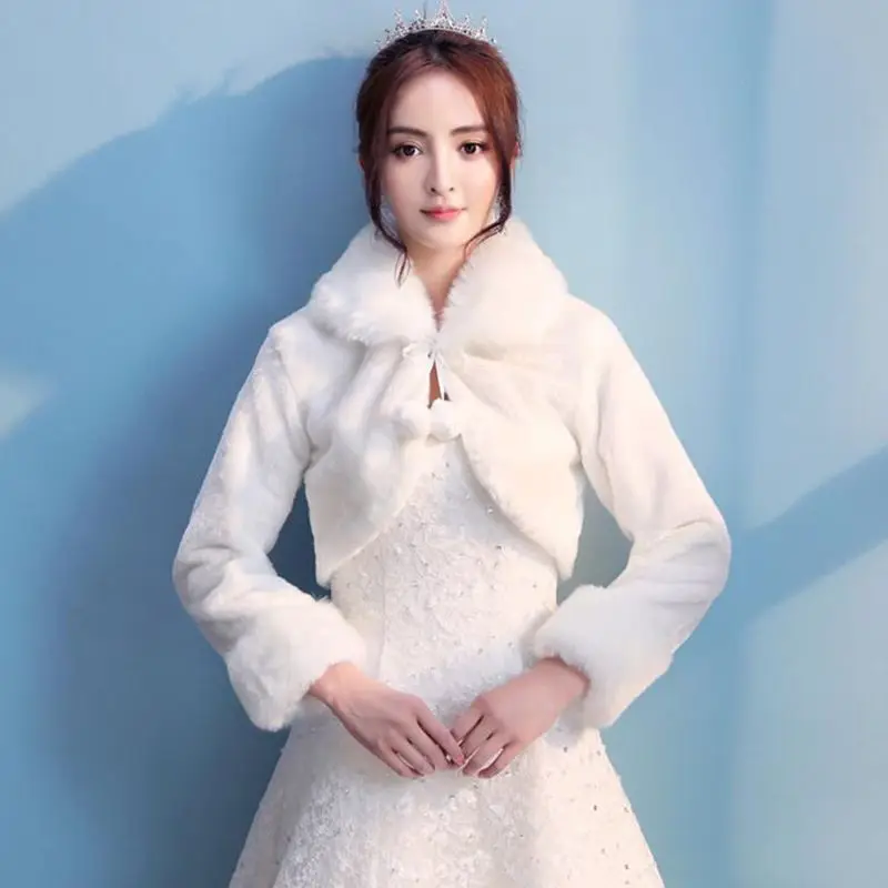 

Bridal Thicken Plush Winter Shawl Wraps Cape Lapel Collar Open Front Evening Party Warm Bolero with Pompom Tie