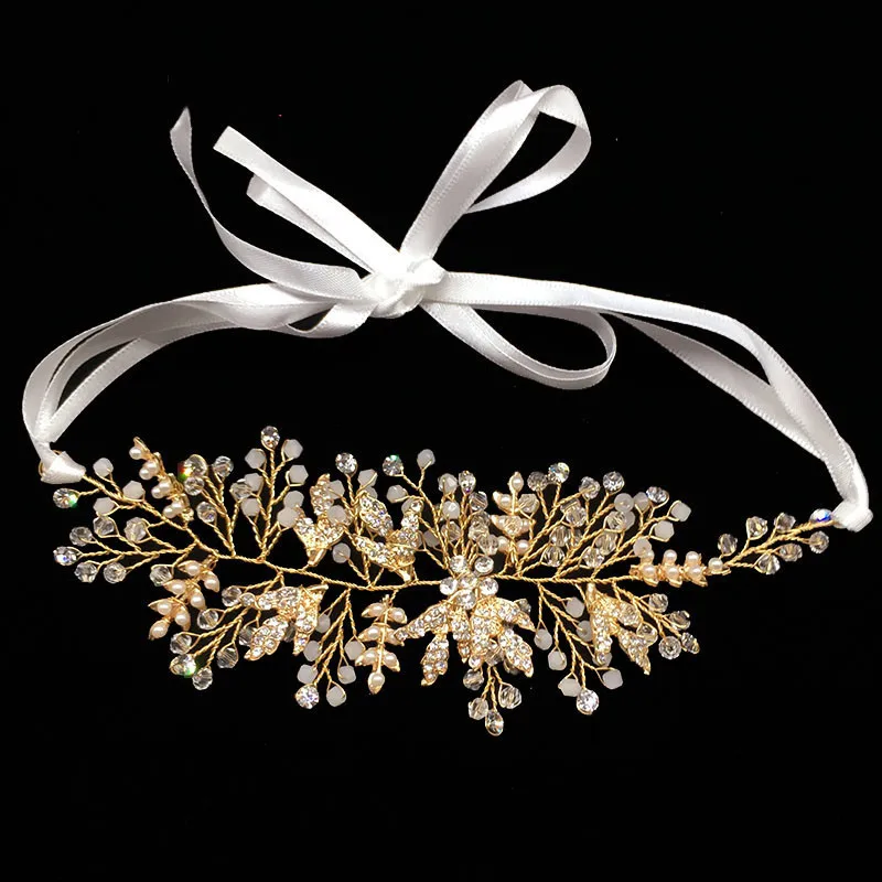 

New Crystal Gold Rhinestones Bridal headband Handmade Beads Pearl Wedding Hair Accessories Jewelry Hairwear Hair-vine MY3004