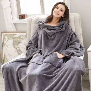 

Gray Coral velvet sleeve Warm blanket nap blanket flannel lazy shawl with sleeves blanket