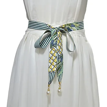 

The New Women's Canvas Pearl Pendant Fine Waist Rope Women's Hundred-mounted Printed Fine Belt.