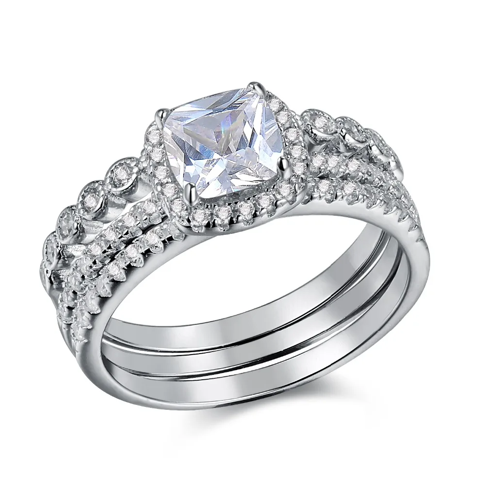 Sterling Silver 3 Carat Radiant Cut Cubic Zirconia Engagement Ring Wedding Bridal Set Rings With CZ