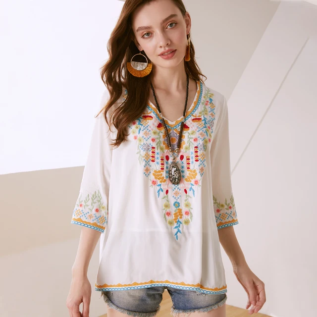 Women's Summer Boho Embroidery Mexican Bohemian Tops V Neck 3/4 Sleeve  Causal Loose Shirt Blouse Tunic