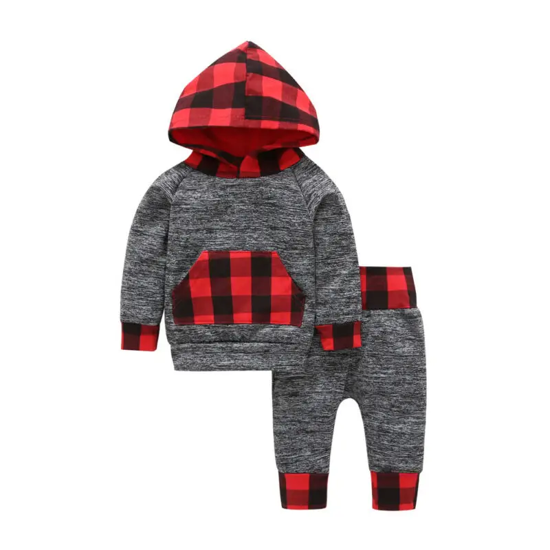 Xmas Toddler Kids Baby Girl Boy Winter Clothes Sets Long Sleeve Pullover Hooded Plaid Tops Pants 2PCS Outfit