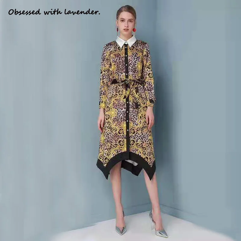 Spring and summer new classic leopard print dress, loose version design, big shots, full of aura, belts, beads