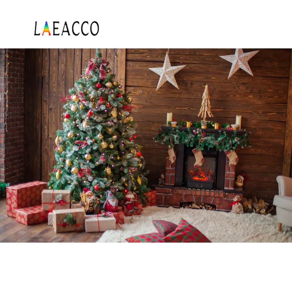 

Laeacco Christmas Tree Fireplace Gift Carpet Star Decor Wooden House Photographic Backdrops Backgrounds Photocall Photo Studio