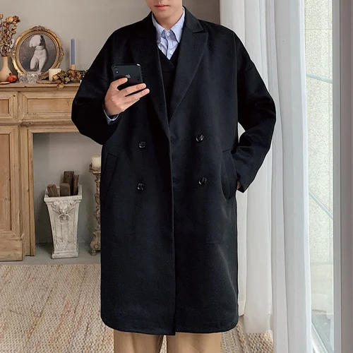 YASUGUOJI повседневное свободное двубортное длинное пальто для мужчин высококачественное шерстяное зимнее пальто для мужчин Manteau Laine Homme пальто для мужчин - Цвет: Black FY703