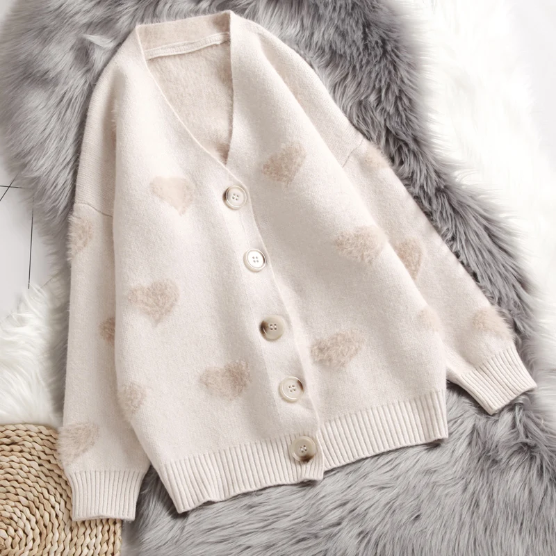 Comprar Suéter de cachemira Hirsionsan para mujer Otoño Invierno 2019 cárdigans tejidos corazón Kawaii ropa suelta de gran tamaño suave tirón caliente Mujer