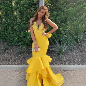 

SoDigne Yellow Mermaid Prom Dresses 2020 Sexy Ruffles Lace Appliques Satin Long African Formal Evening Dress Party Gown