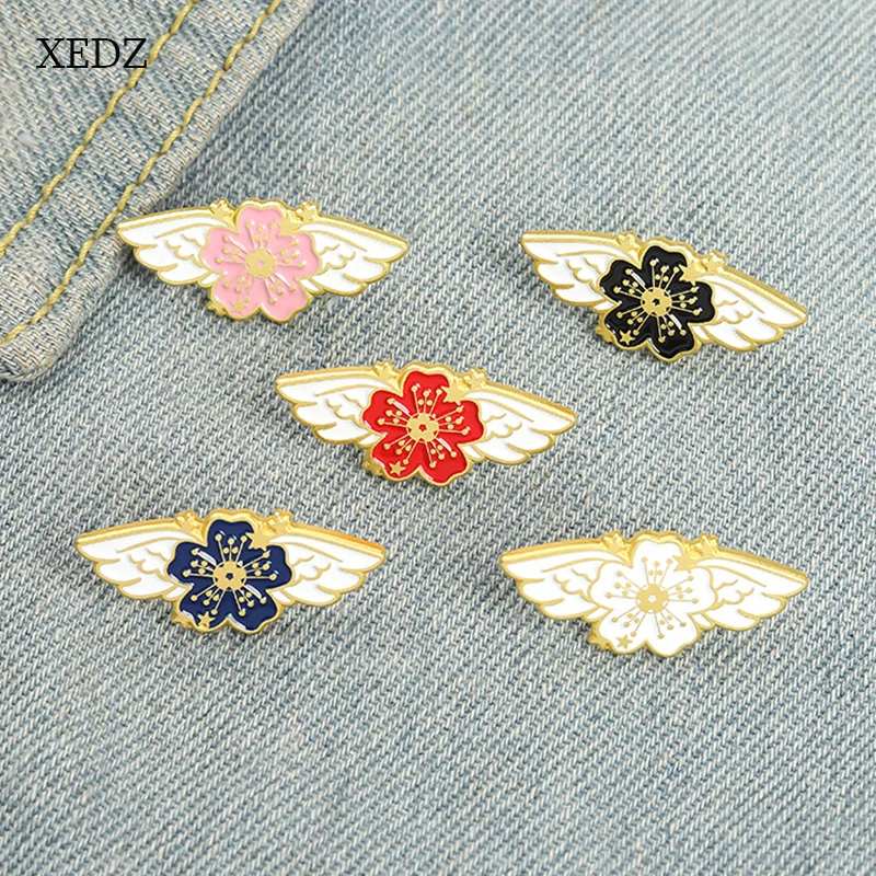 XEDZ 2021 New Cartoon Black/Pink/Red/Blue/White Five Petal Flower Butterfly Enamel Pendant Wings Badge Jewelry Gift | Украшения и