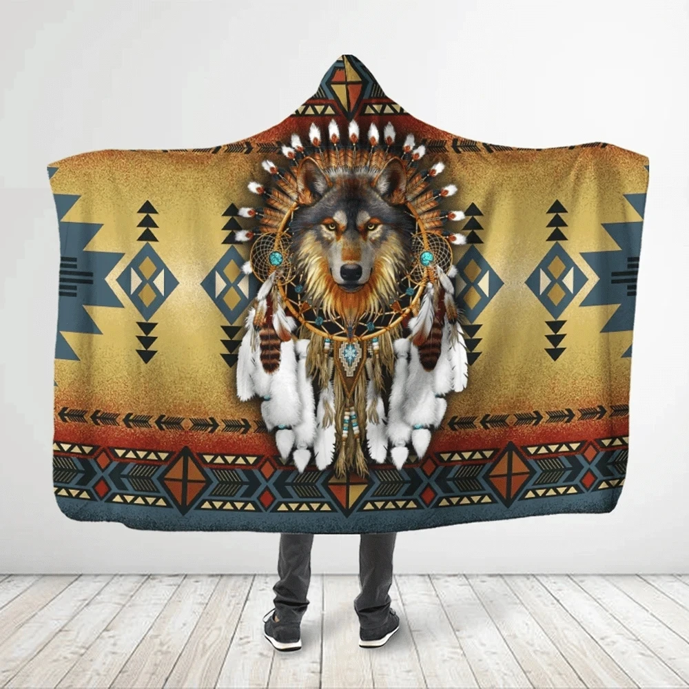 Native Wolf 3D All Over Printed Hooded Blanket Adult child Sherpa