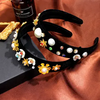 

JUST FEEL Baroque Pearl Crystal Headband For Women Girls Gold Alloy Flower Rhinestone Elegant Velvet Hairband Hair Accessories