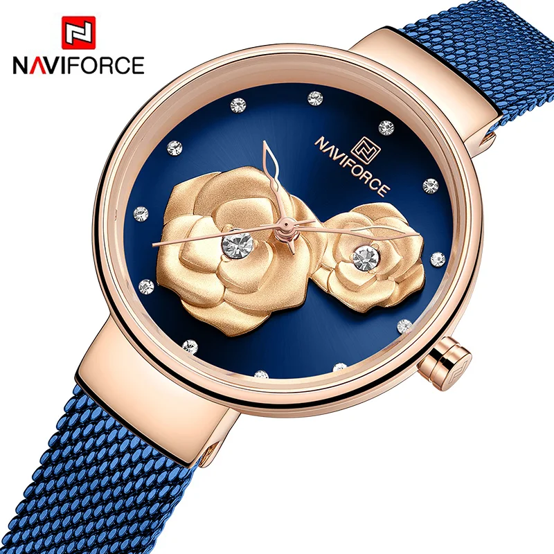 NAVIFORCE часы из розового золота, женские часы, полностью стальные женские часы, женские часы, роскошный синий цвет, модные женские часы