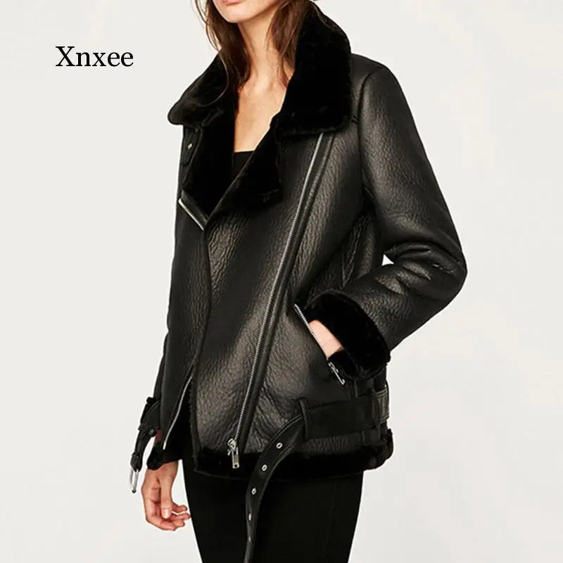 

Winter Coats Women Thickness Faux Leather Fur Sheepskin Female Fur Leather Jacket Aviator Outwear Casaco Feminino
