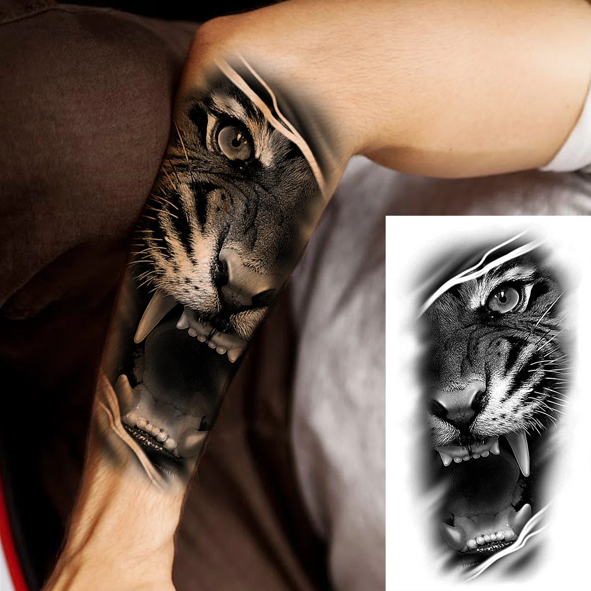 Black Tiger Forearm Temporary Tattoos For Men Adult Women Pirate Ship Skull Flower Lion Fake Tattoo Waterproof Half Sleeve Tatoo