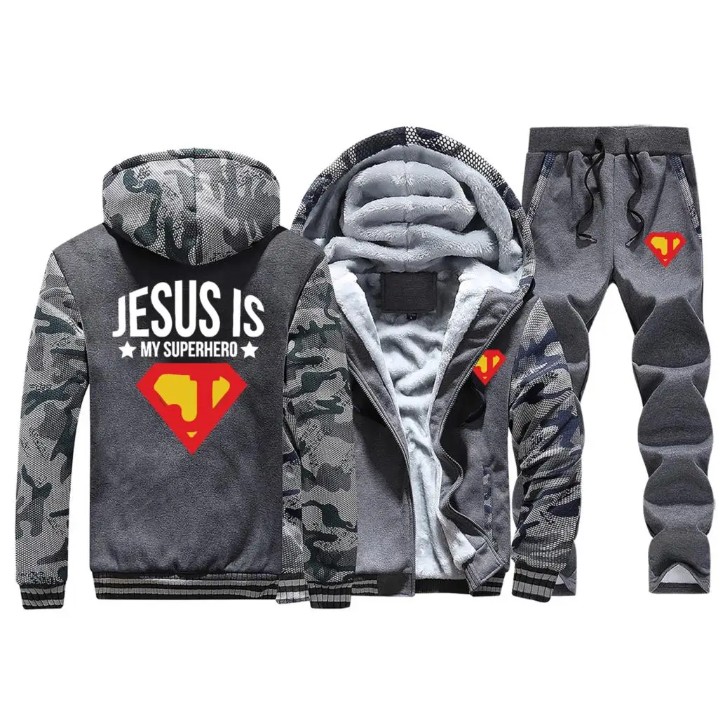 Jesus Is My Superhero мужская куртка на молнии, Зимняя Толстая Толстовка с капюшоном+ спортивные штаны, Мужская Уличная одежда, комплекты из 2 предметов, камуфляжная одежда - Цвет: Dark Gray