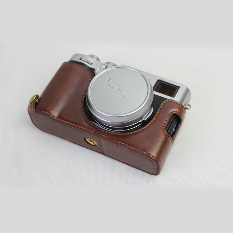 Coffee Чехол для камеры из искусственной кожи, сумка для Fujifilm X100F, полузащитный чехол с батарейным отсеком - Цвет: Coffee