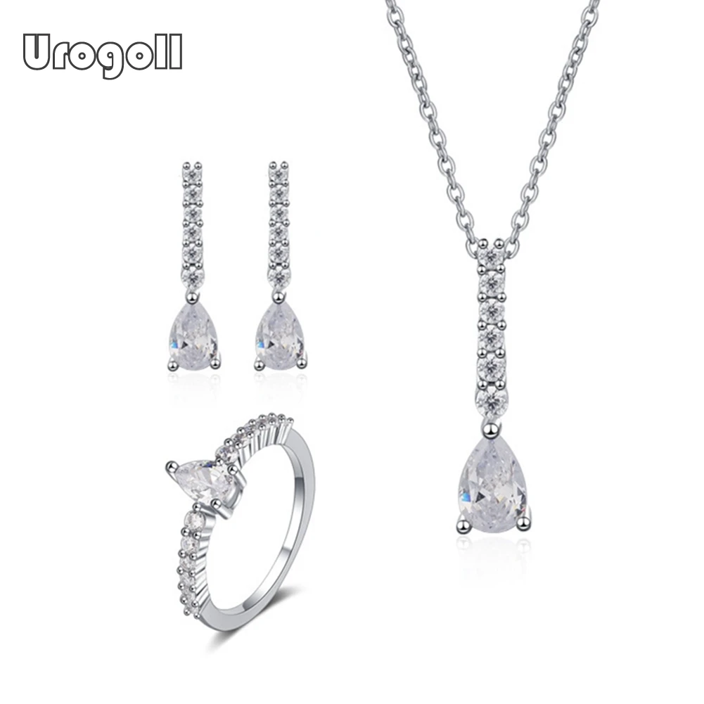 

Модные женские свадебные ювелирные наборы из чистого серебра 925 пробы с каплями циркония, ожерелье, серьги, кольцо, стразы, аксессуары, подарки