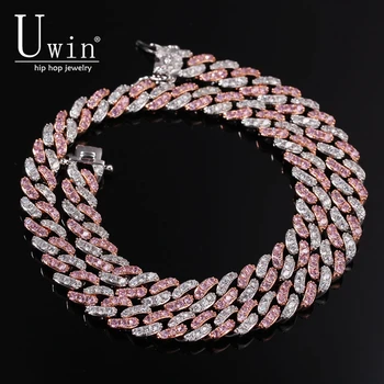 

White &Pink CZ Iced Out 9mm Cuban Chian Choker Women Necklace Rose Gold Metal Men HipHop Jewelry For Gift