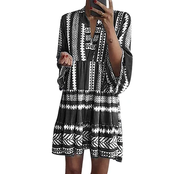 

Summer beach Dress V-neck Long-sleeved Geometric Print Loose Casual Shirt Dress XL Bohemian Summer Dress Robe Femme