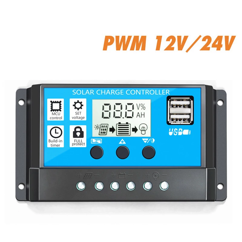A За максимальной точкой мощности, Солнечный Контроллер заряда 12 V/24 V 10/20/30A режимы Auto, PWM 5V Выход Панели солнечные Батарея регулятор с двумя USB портами, ЖК-дисплей Дисплей - Цвет: A