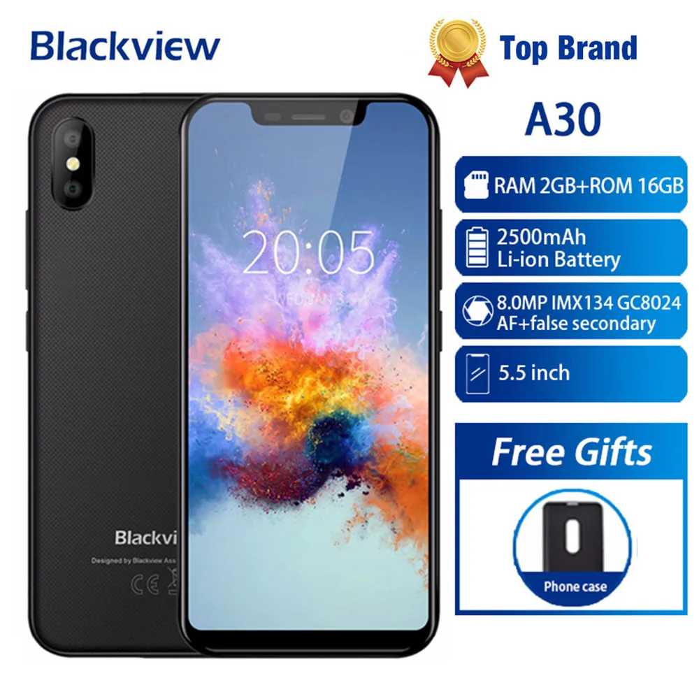 Blackview A30 смартфон с 5 дюймовым дисплеем четырёхъядерным процессором MT6580A ОЗУ 2 Гб