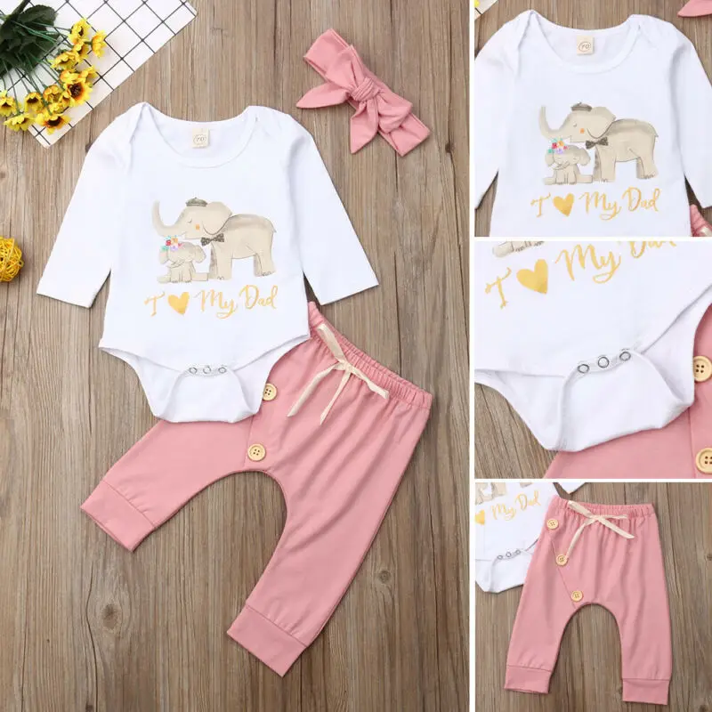 Emmababy Одежда для новорожденных девочек Боди со слоном с длинными рукавами+ леггинсы с бантом на пуговицах, осенне-зимняя одежда